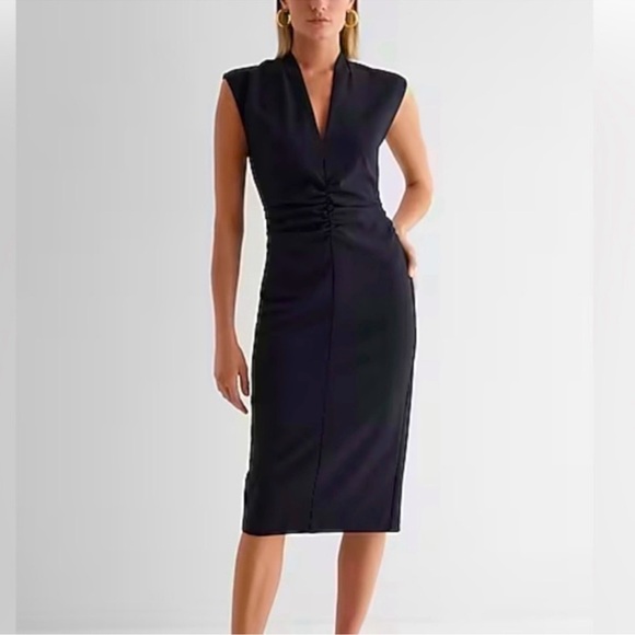 NWT Express V-Neck Sleeveless Ruched Midi Dress, Ivory, Size XS - Picture 1 of 3